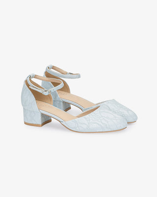 Light Blue Lace Round Toe Low Block Heel Wedding Shoes with Ankle Strap