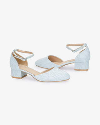 Light Blue Lace Round Toe Low Block Heel Wedding Shoes with Ankle Strap