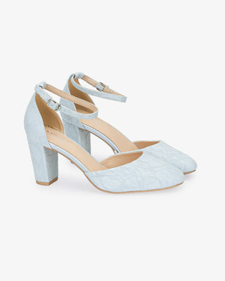 Light Blue Lace Block Heel with Ankle Strap