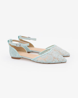 Light Blue Crochet Lace Pointy Toe Wedding Flats with Ankle Strap