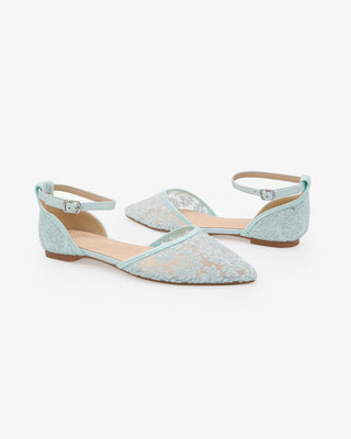 Light Blue Crochet Lace Pointy Toe Wedding Flats with Ankle Strap