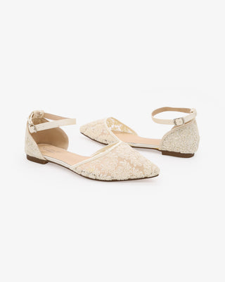 Ivory Crochet Lace Pointy Toe Wedding Flats with Ankle Strap