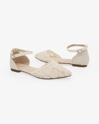 Ivory Crochet Lace Pointy Toe Flats with Ankle Strap