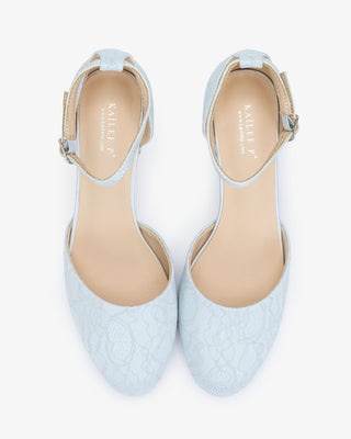 Light Blue Lace Round Toe Low Block Heel Wedding Shoes with Ankle Strap