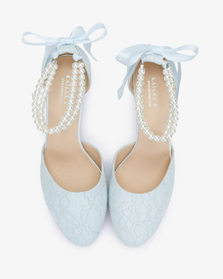 Light Blue Lace Round Toe Low Block Heel Wedding Shoes with Double Pearls Ankle Strap