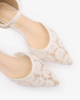 White Crochet Lace Pointy Toe Wedding Flats with Ankle Strap