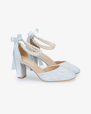 Lace Block Heel with Double Pearls Ankle Strap