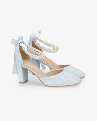 Light Blue Lace Block Heel with Double Pearls Ankle Strap, Bridal Shoes