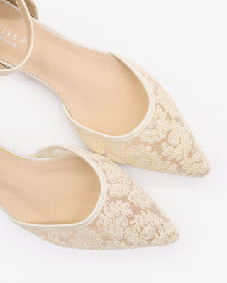 Ivory Crochet Lace Pointy Toe Wedding Flats with Ankle Strap