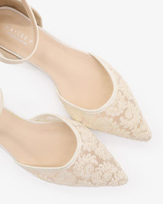 Ivory Crochet Lace Pointy Toe Flats with Ankle Strap