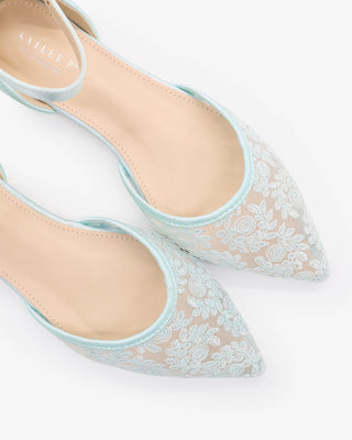 Light Blue Crochet Lace Pointy Toe Wedding Flats with Ankle Strap