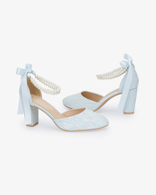 Lace Block Heel with Double Pearls Ankle StrapWomen Shoes