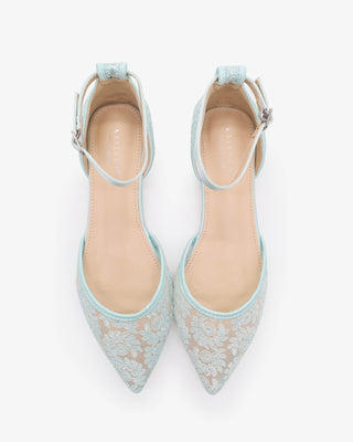 Light Blue Crochet Lace Pointy Toe Wedding Flats with Ankle Strap