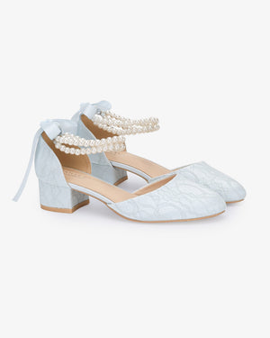 Lace Round Toe Low Block Heel Wedding Shoes with Double Pearls Ankle Strap