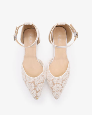White Crochet Lace Pointy Toe Wedding Flats with Ankle Strap