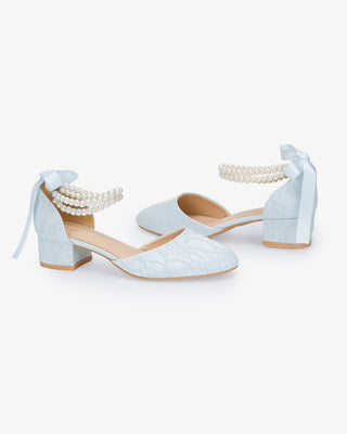 Light Blue Lace Round Toe Low Block Heel Wedding Shoes with Double Pearls Ankle Strap
