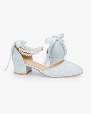 Light Blue Lace Round Toe Low Block Heel Wedding Shoes with Double Pearls Ankle Strap