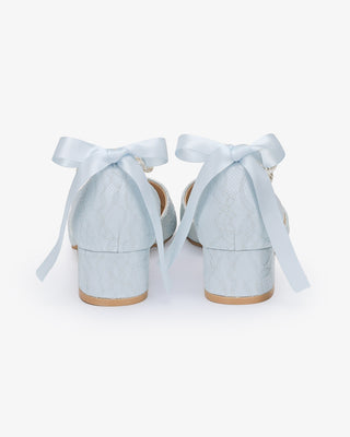 Light Blue Lace Round Toe Low Block Heel Wedding Shoes with Double Pearls Ankle Strap