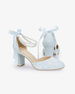 Lace Block Heel with Double Pearls Ankle StrapWomen Shoes