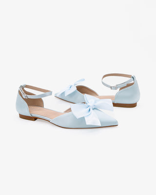 Light Blue Satin Pointy Toe flats with Front Satin Bow and ankle strap