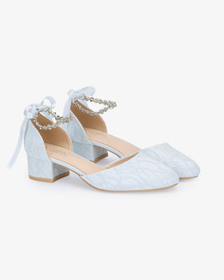 Light Blue Lace Round Toe Low Block Heel Wedding Shoes with Amaryllis Strap