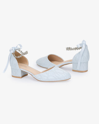 Light Blue Lace Round Toe Low Block Heel Wedding Shoes with Amaryllis Strap