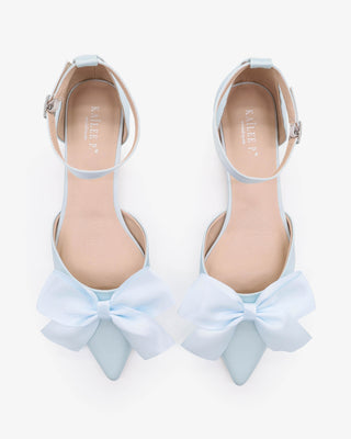 Light Blue Satin Pointy Toe flats with Front Satin Bow and ankle strap