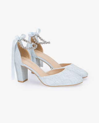 Light Blue Lace Block Heel with Amaryllis Crystal Strap, Bridal Shoes