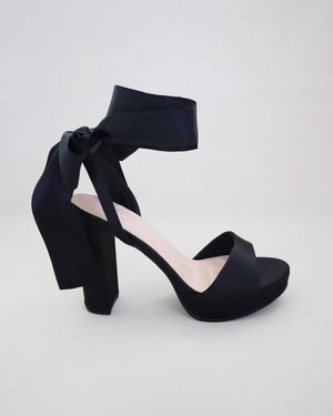 Satin Platform Block Heel Sandals with Wrapped Ribbon Tie