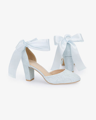 Light Blue Lace Block Heel with Wrapped Satin Tie, Bridal shoes