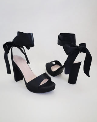 Satin Platform Block Heel Sandals with Wrapped Ribbon Tie