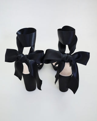 Satin Platform Block Heel Sandals with Wrapped Ribbon Tie