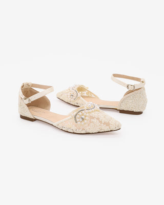 Ivory Crochet Lace Pointy Toe Flats with Small Pearls Applique and ankle strap