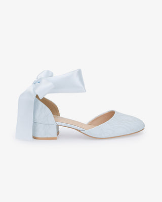 Light Blue Lace Round Toe Low Block Heel Wedding Shoes with Wrapped Ankle Tie