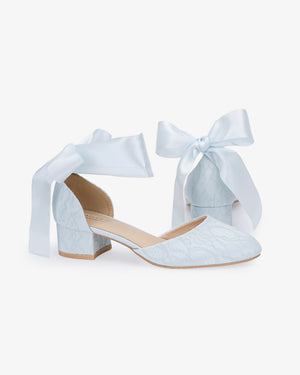Lace Round Toe Low Block Heel Wedding Shoes with Wrapped Ankle Tie