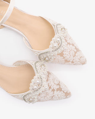 White Crochet Lace Pointy Toe Flats with Small Pearls Applique and ankle strap