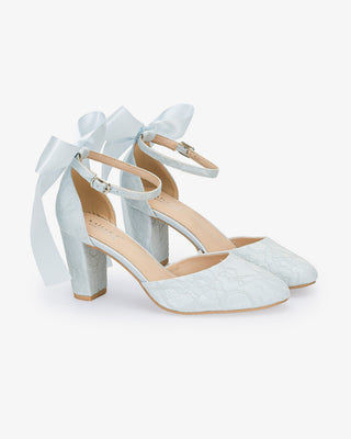 Light Blue Lace Block Heel with Satin Back Bow, Bridal shoes