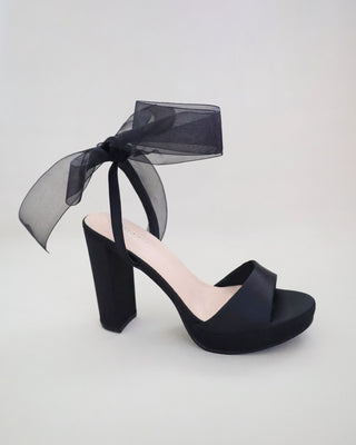 Satin Platform Block Heel Sandals with Wrapped Ribbon Tie