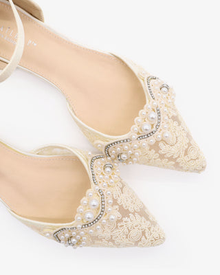 Ivory Crochet Lace Pointy Toe Flats with Small Pearls Applique and ankle strap