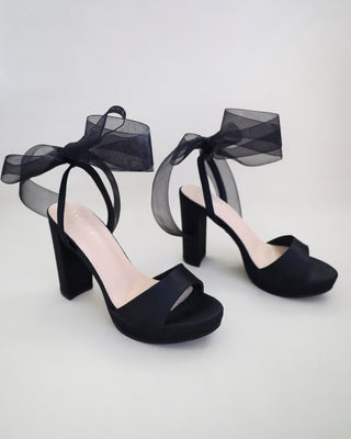 Satin Platform Block Heel Sandals with Wrapped Ribbon Tie