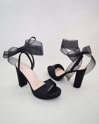 Satin Platform Block Heel Sandals with Wrapped Ribbon Tie