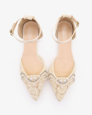 Ivory Crochet Lace Pointy Toe Flats with Small Pearls Applique and ankle strap