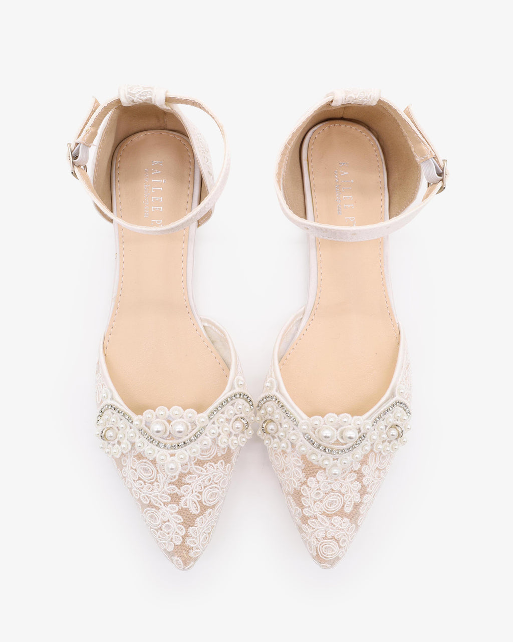 White Crochet Lace Pointy Toe Flats with Small Pearls  display picture 2