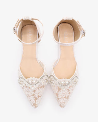 White Crochet Lace Pointy Toe Flats with Small Pearls Applique and ankle strap