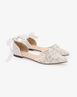 White Crochet Lace Pointy Toe Flats with Small Pearls Applique and All Pearls Ankle Strap