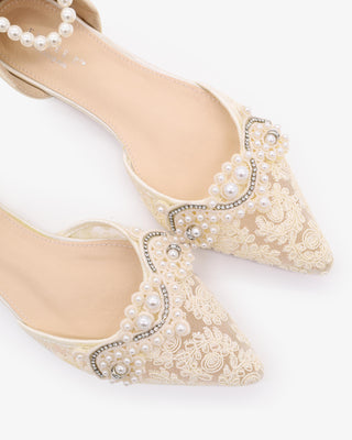 Ivory Crochet Lace Pointy Toe Flats with Small Pearls Applique and All Pearls Ankle Strap