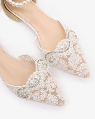 White Crochet Lace Pointy Toe Flats with Small Pearls Applique and All Pearls Ankle Strap