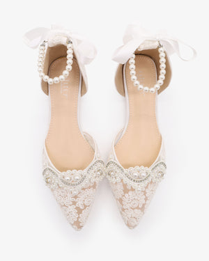 Crochet Lace Pointy Toe Flats with Small Pearls Applique