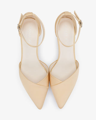 Champagne Satin Pointy Toe Low Block Heels Evening Shoes