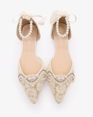 Ivory Crochet Lace Pointy Toe Flats with Small Pearls Applique and All Pearls Ankle Strap